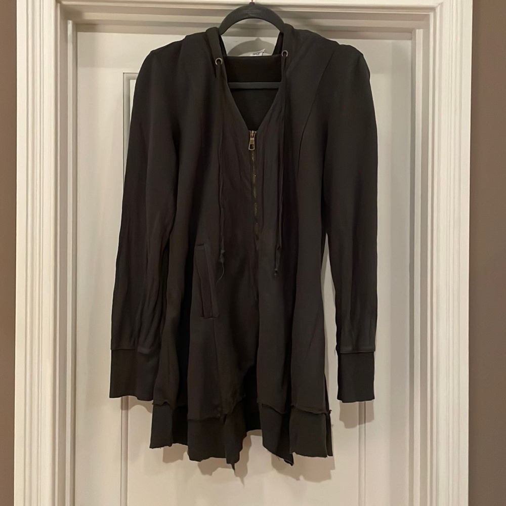 Wearables med-dark gray zip-up cotton hoodie. Bottom asymmetrical with raw edge.